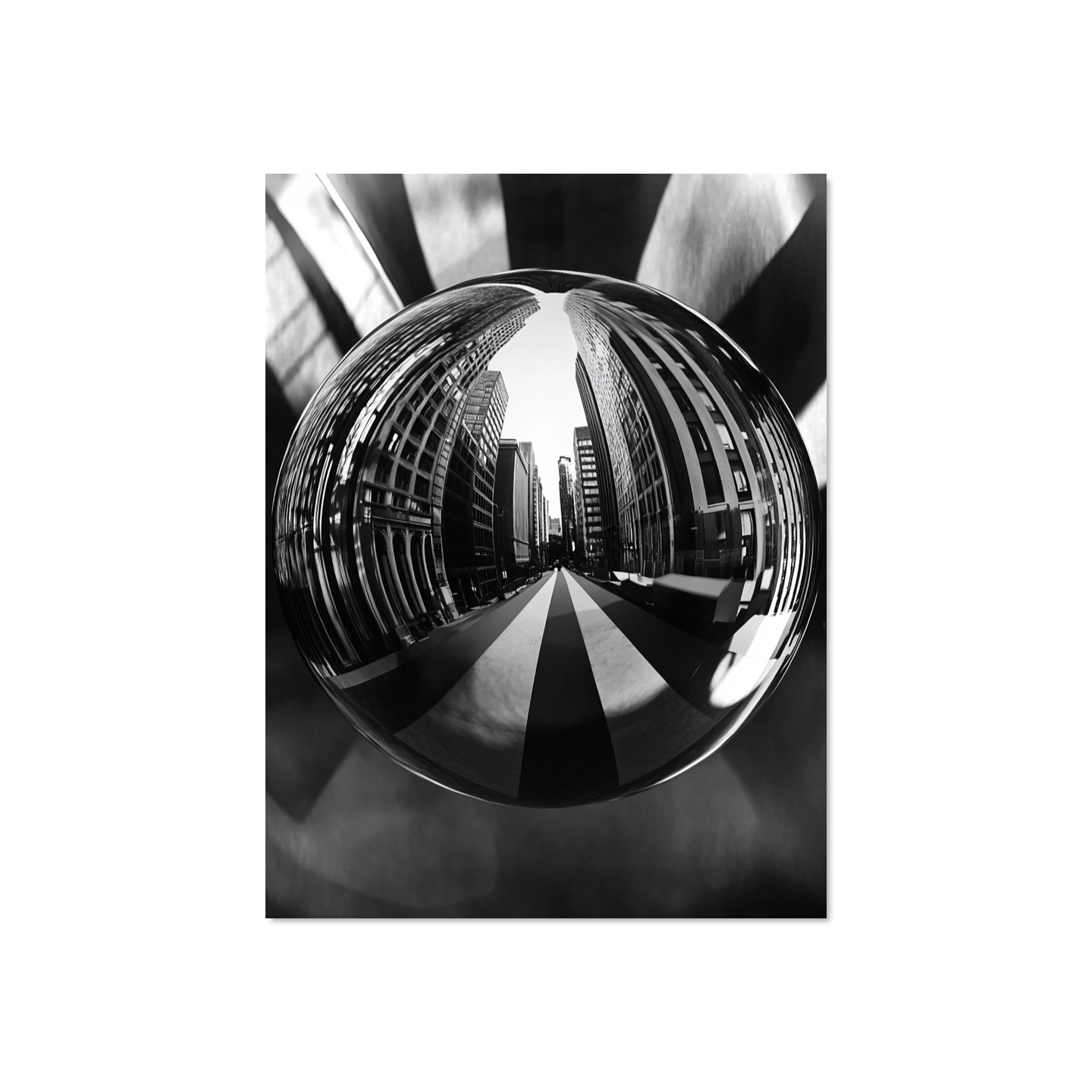 Cityscape reflected in a spherical mirror