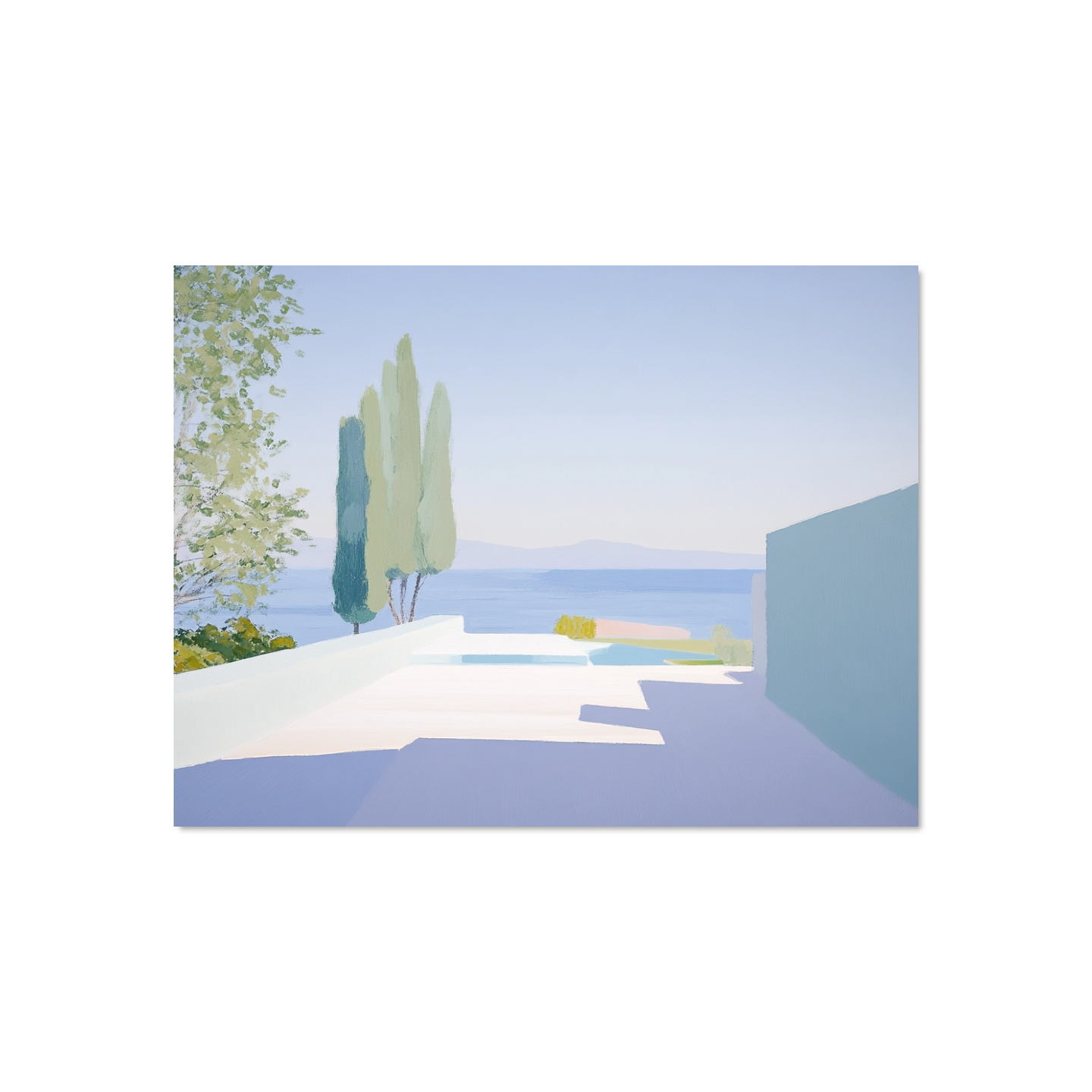 Surreal landscape with geometric shapes and trees