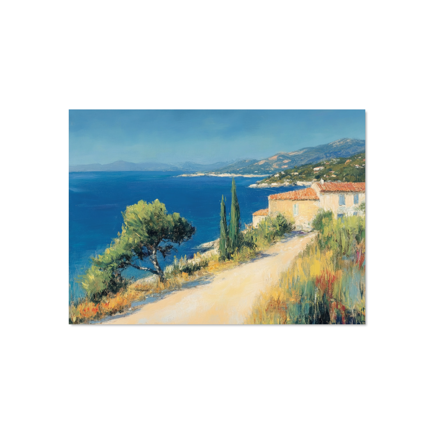 Painting of a coastal scene with a house, path, and trees.