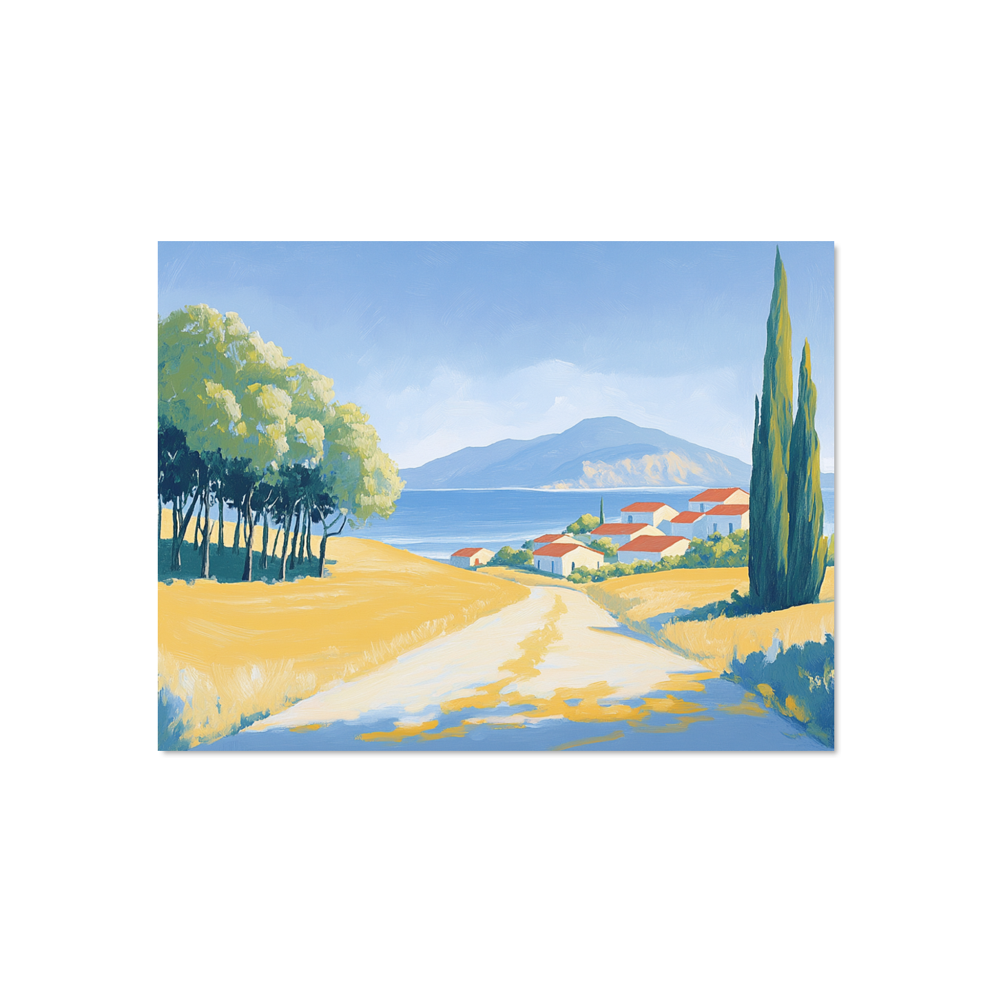 Landscape with houses, trees, and a mountain in the background