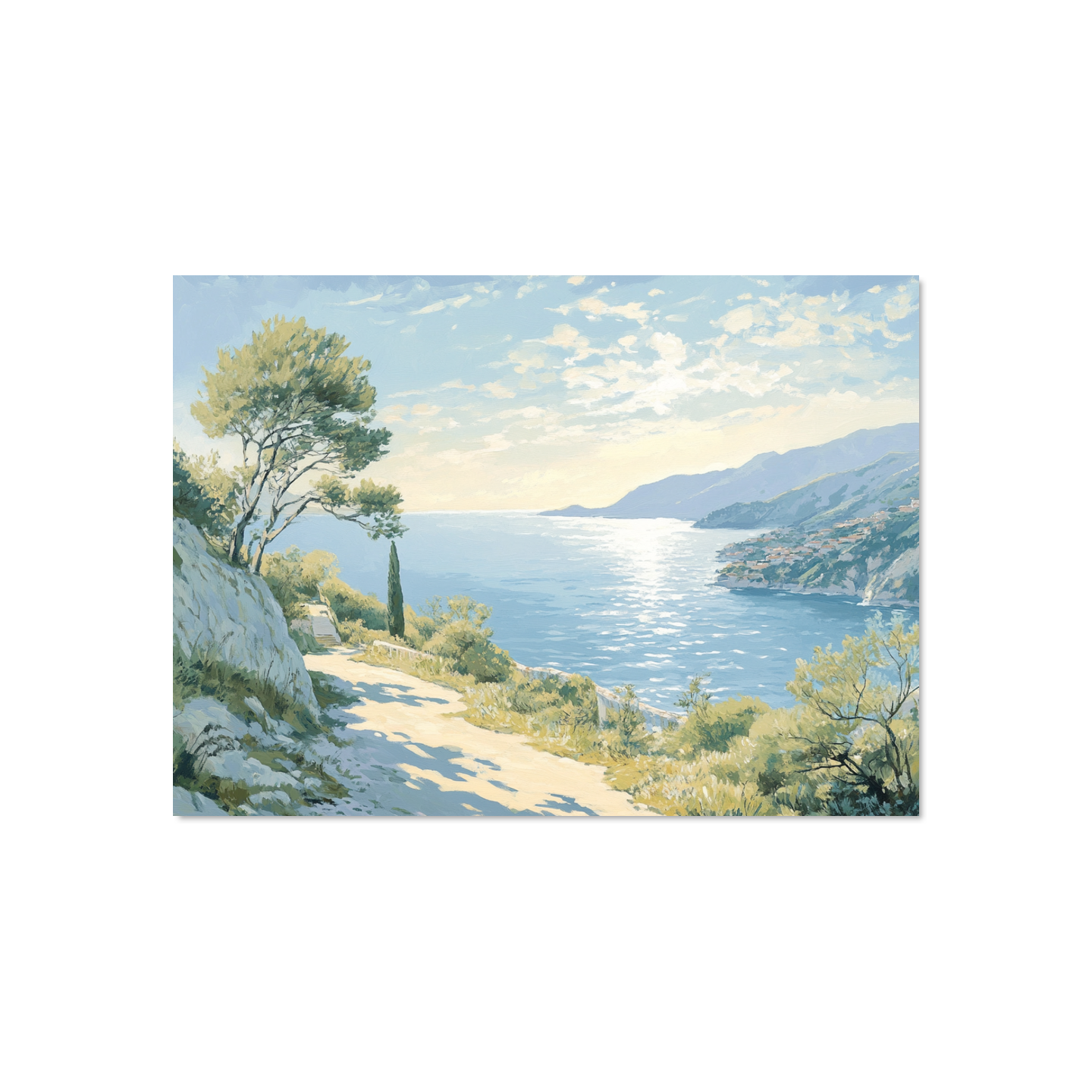 Landscape painting of a coastal scene with a path, trees, and a body of water.