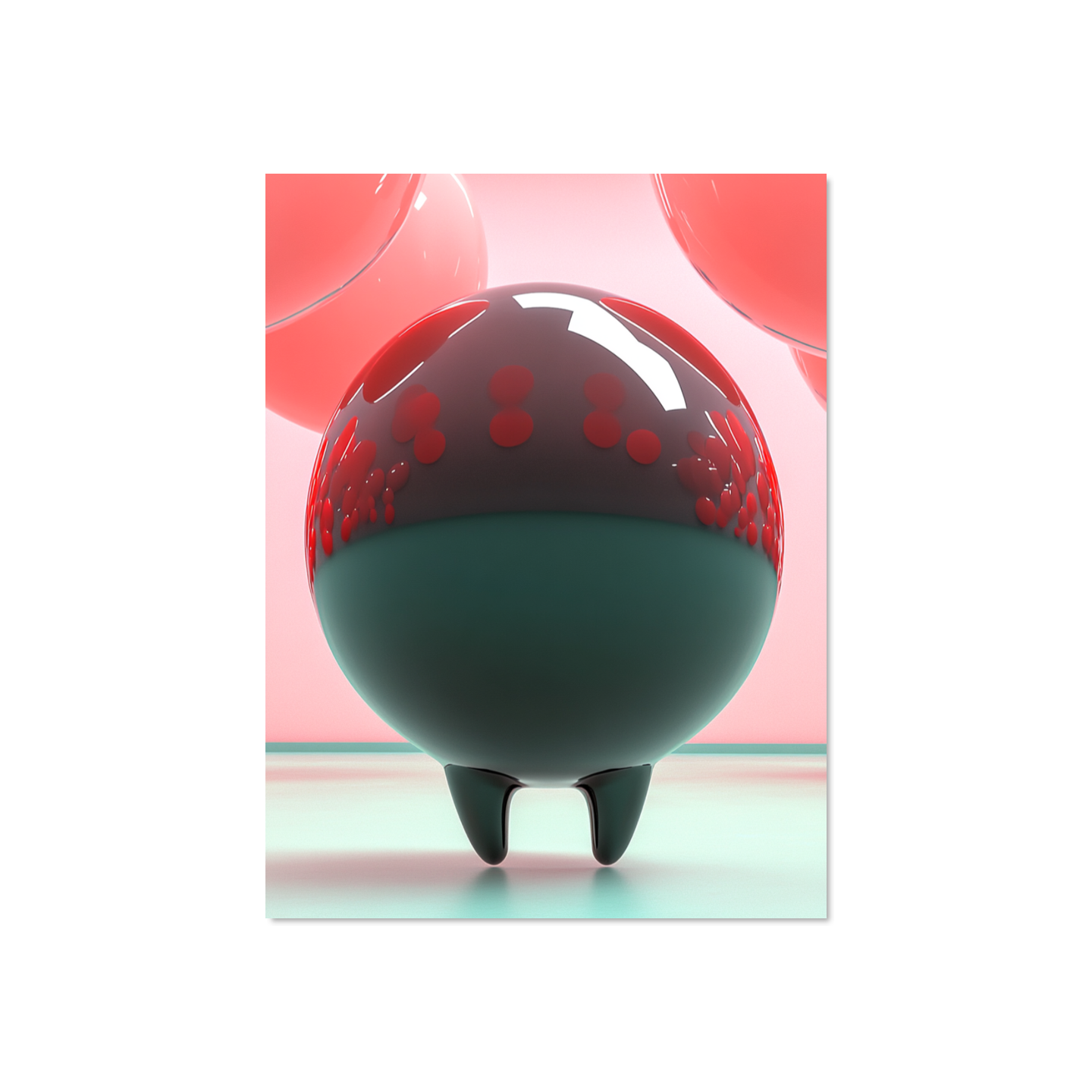 Black and red spherical object with legs on a gradient pink to blue background