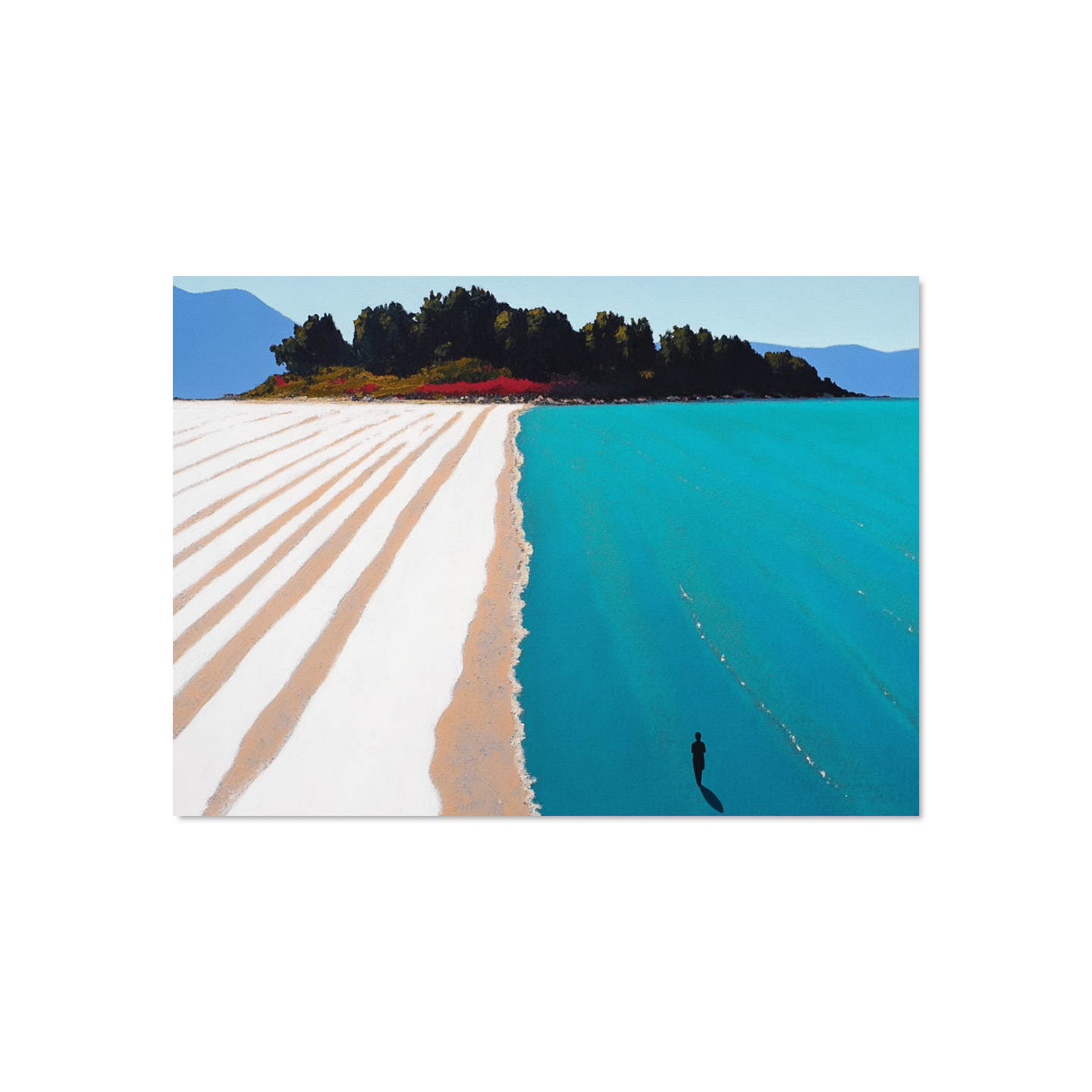 Island with lush greenery surrounded by turquoise water and white sand.